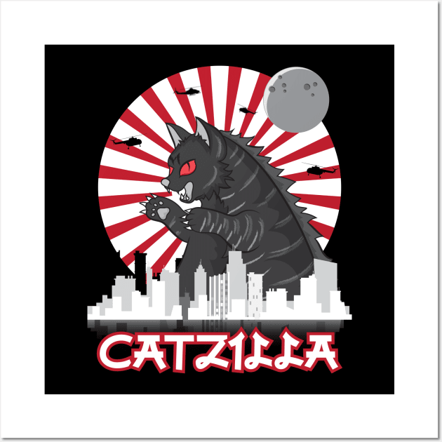 Catzilla Japanese Funny Retro Catzilla. Wall Art by Longgilbert